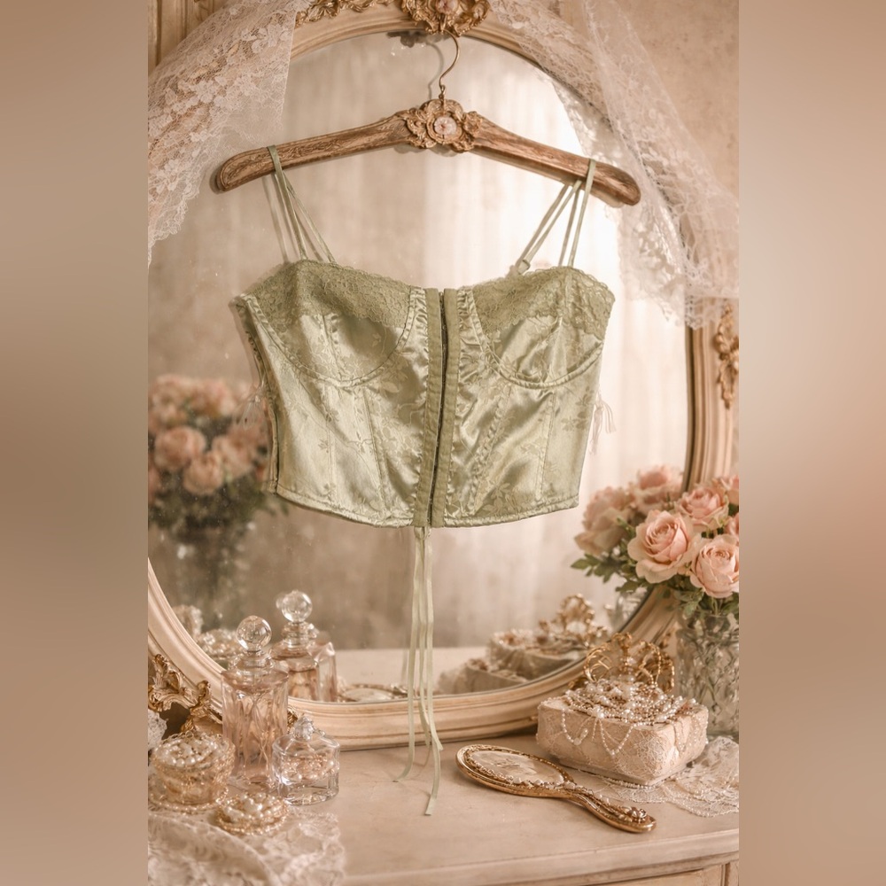 Green Tea Satiny Corset Top Petite Bustier L.A. Hearts Coquette Silky Fairycore